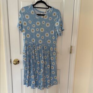 Blue Casual Sundress with Short Sleeves and Crew Neck